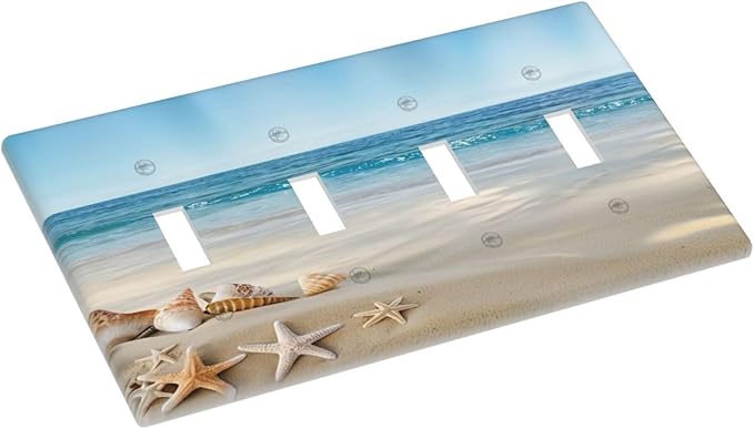 Light Switch Cover Summer Beach Starfish Shells 4 Gang Switch Plate Covers Quad Toggle Wall Plates Decorative Switchplate Electrical Faceplate for Bathroom Home Decor