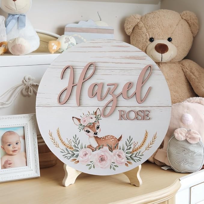 Personalized Baby Name Signs for Nursery, Floral Deer Sign for Baby Door Decor, Newborn Gifts for Girl, Girls Nursery Wall Bedroom Decorations, Mother's Day Gifts for New Mom Dad Gift