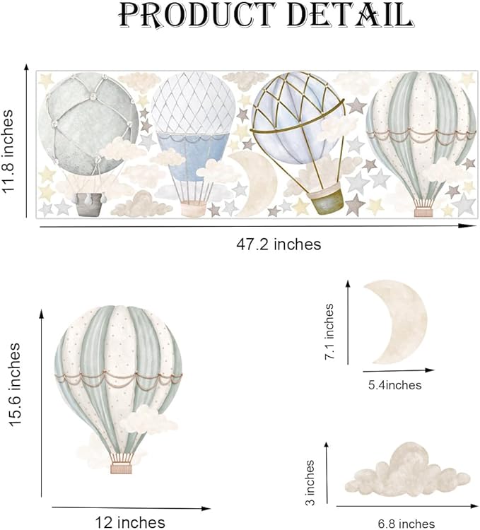 Watercolor Hot Air Balloon Wall Decals, Stars Clouds Balloon Vinyl Wall Stickers, Peel and Stick Colorful Artwork for Nursery Bedroom Toddler Room Playroom Decor