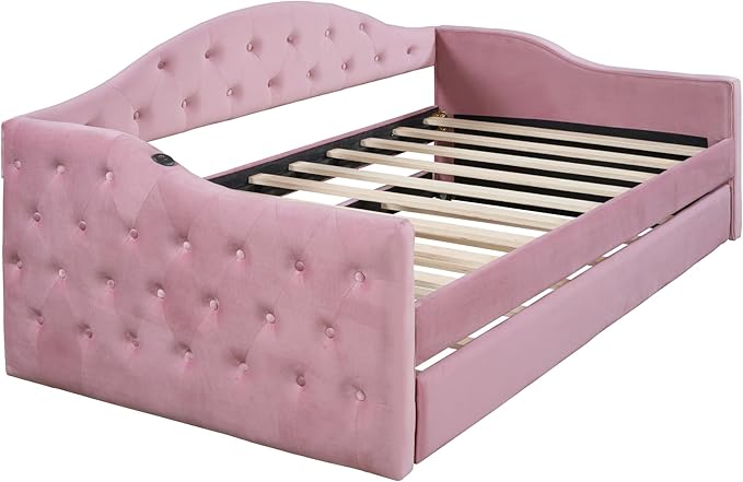 Bellemave Twin Size daybed Frame with Trundle for Adults, Kids, Girls, Teens, Tufted daybeds with Trundle for Living Room, Velvet, (Mattress not Included), Pink