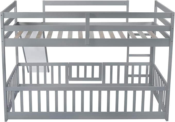 Twin Over Twin Bunk Bed with Slide and Ladder, Wood Floor Bunk Bed Frame with Door and Safety Guardrails for Kids Teens Boys Girls, No Box Spring Needed