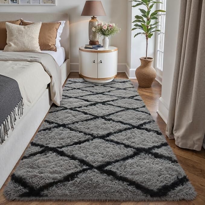 2x6 Checkered Rug Grey and White Modern Soft Area Rug Fluffy Non-Slip Carpet for Bedroom Living Room Playroom Home Aesthetic Decor