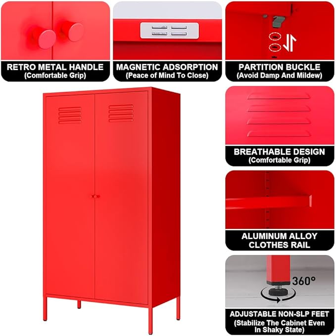 2 Door Metal Wardrobe,Classified Storage Tall Storage Cabinet with Hanging Rod&2 Freely Adjustable Shelves, Metal Armoire Closet for Kids Bedroom, Laundry Room,Home (red)