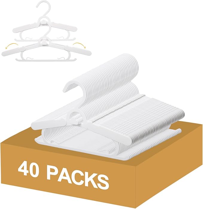40 Pack Baby Clothes Hangers, 11-15" Adjustable Non-Slip Thickened Kid Hangers for Nursery Closet Toddlers Infant Children to Teenager (White)
