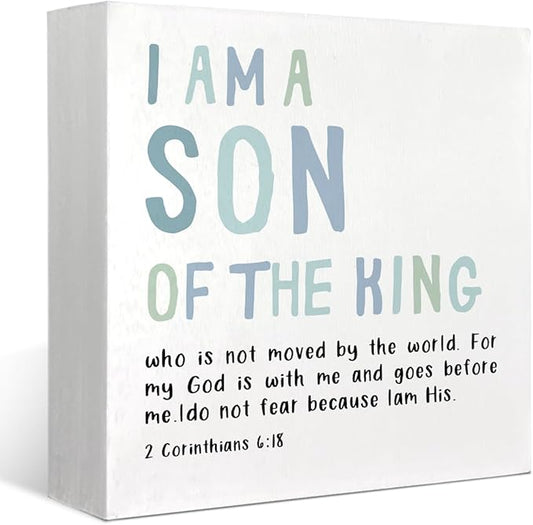 Boy Nursery Decor, I Am A Son of The King Wooden Box Block Sign, Bible Verse Sign, 2 Corinthians 6:18 Scripture Decor for Home Baby Boy Room Nursery, 5x5