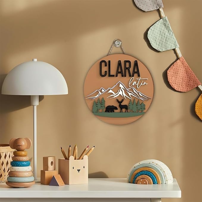 Custom Wood Name Sign for Nursery – Mountain and Wildlife Theme Round Wall Decor –Jungle Hanging On The Door-Custom Bedroom Door Sign Natural Wood Circle