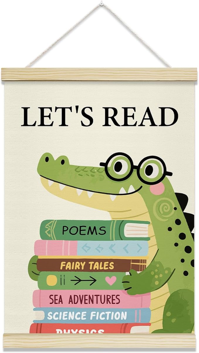 TRKAE Let’s Read Canvas Poster Hanger Frame, Crocodile Animals Learning Wall Art for Kids, Reading Wall Decor for Classroom Nursery Playroom Bedroom -035