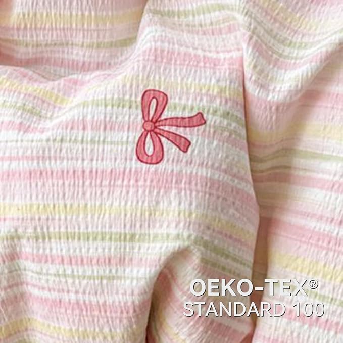 Striped Duvet Cover Queen Size Pink Bow Bedding Set Kids Boys Girls Princess Style Bowknot Coquette Reversible Soft Microfiber Duvet Cover Set 3 Pieces with 2 Pillowcases