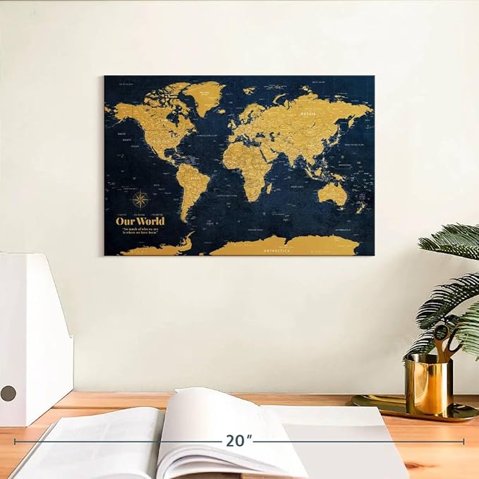 ElephantStock - Personalized Push Pin World Map - Gold Wall Art - Horizontal Canvas Wall Art - Living Room Wall Decor - Digital Art Map Canvas Art - Orange And Blue Decor - 12" x 8"