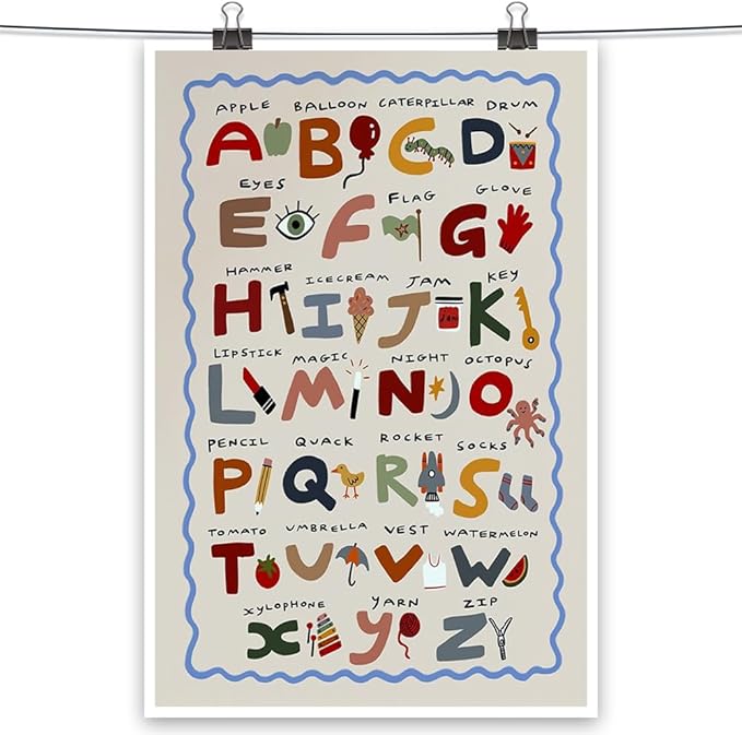 Cute First Illustration Alphabet Learning Canvas Print Posters Eclectic Nursery Wall Art Funny Boho Kids Educational Abc Chart Colorful Decor Picture for Toddlers Classroom Playroom 20x30inch Unframed