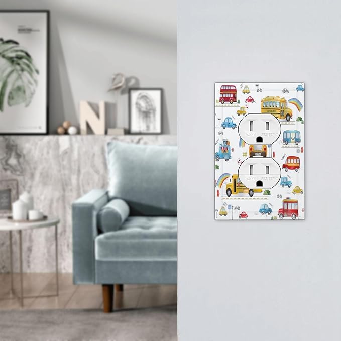 Kids Bus Taxi Truck 1 Gang Single Duplex Light Switch Plate Outlet Cover Decorative Wall Plate Switchplate Electrical Faceplate for Nursery Kidsroom Bedroom Decor