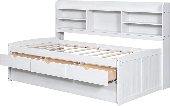 Harper & Bright Designs Twin Size Captain Bed with Built-in Bookshelves/3 Storage Drawers/Trundle, Wooden Twin Daybed Bed Frame for Kids Teens Dorm Bedroom Multipurpose Guest Room, White Wash