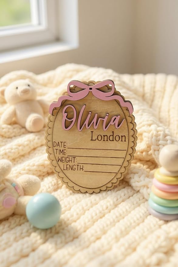 Personalized Baby Announcement Sign with Bow, Custom Wooden Name, Birth Stat Plaque – Scalloped Edge Newborn Photo Prop & Nursery Keepsake (Stat Sign)