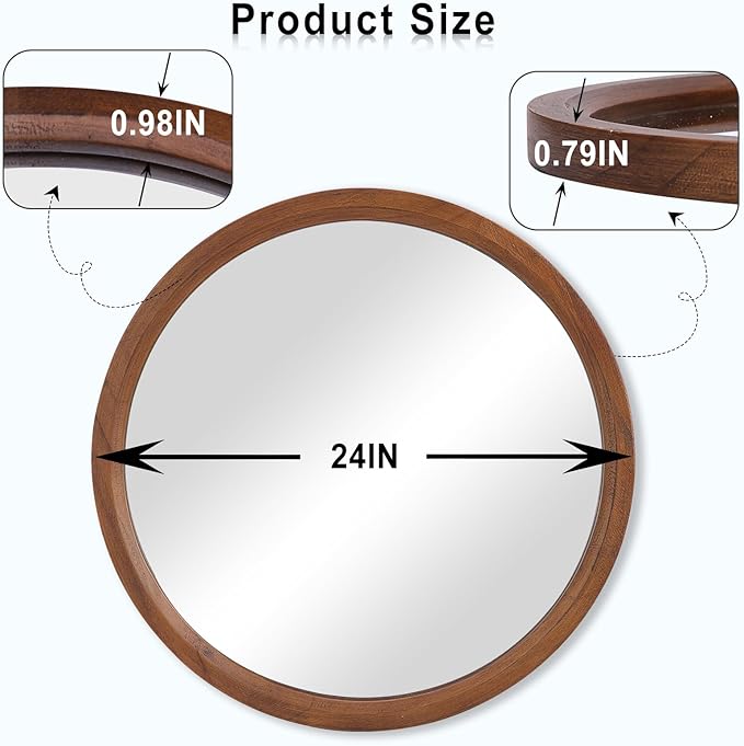 MAGFLERUM 24 Inch Round Wood Circle Mirror - Boho Style Wall Decor for Bedroom, Living Room, Hallway (Brown)