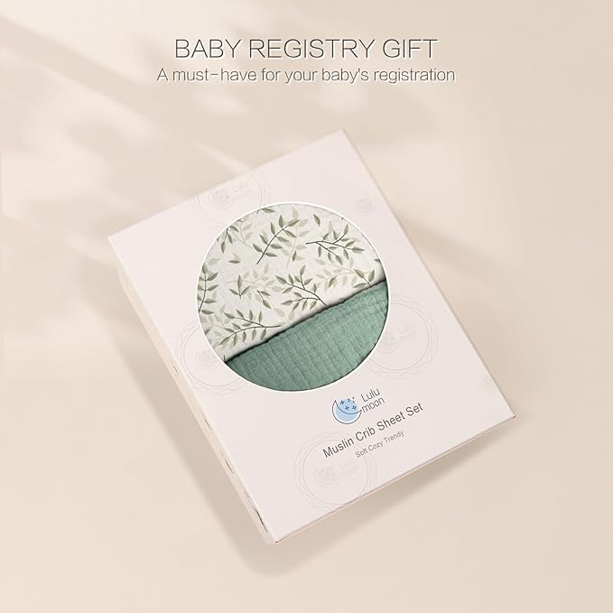 lulumoon Baby Muslin Crib Sheets: Soft & Breathable Fitted Crib Sheets for Boys - Green Leaf Sheets for Standard Crib 2Pack
