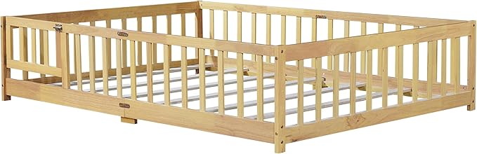 Full Size Floor Bed with Convertible Door & Wood Slats Support for Girls & Boys,Wood Montessori Bed Frame w/Guardrails & Close to The Floor for Kids,Natural