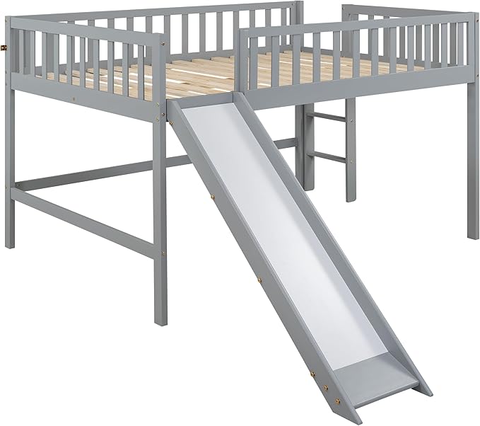 Full Size Low Loft Bed Frame for Boys Girls Kids Adults Toddler for Boys Girls Kids Adults Toddler with Ladder and Slide,Gray