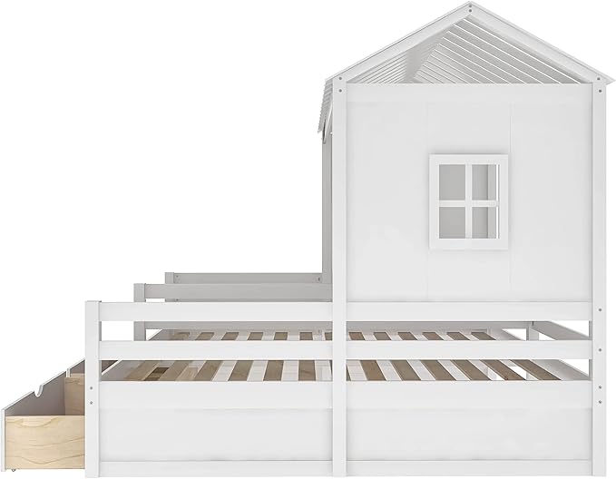 P PURLOVE Twin Double Shared Bed,Twin Size House Platform Beds with Two Drawers for Boy and Girl Shared Beds, Montessori House Bed Frame Combination of 2 Side by Side Twin Size Beds,White