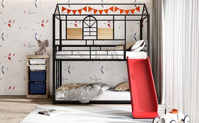 MERITLINE Metal Bunk Bed Twin Over Twin Bunk Bed Frame with Slide,Twin Over House Bed with Guardrails