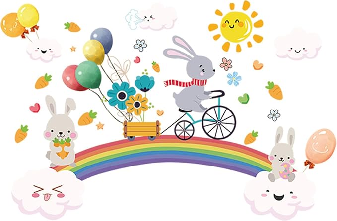 Rainbow Wall Decals for Girls Bedroom Easter Bunny Wall Murals for Living Room Décor Wall Decor Stickers & Murals 3D Rabbit Wall Art as Decorations