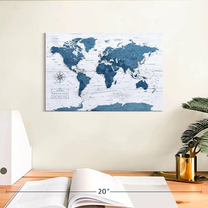 ElephantStock - My World Push Pin Map IV Wall Art - Horizontal Canvas Wall Art - Living Room Wall Decor - Unique Map Canvas Art - Blue And Decor - 12" x 8"