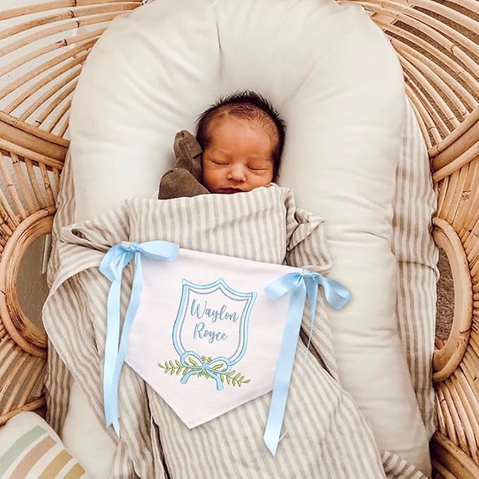 Embroidered Baby Name Sign Personalized Baby Announcement Sign Newborn Baby Banner with Bows Baby Hospital Name Sign Canvas Hanging Pennant Flag Custom Infant Baby Name Baby Shower Banner (03)