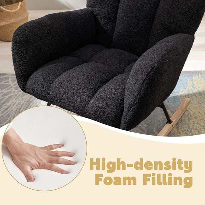 Nursery Rocking Chair Teddy Upholstered Glider Rocker Rocking Accent Chair with High Backrest Armchair Comfy Side Chair for Living Room, Bedroom, Offices (Black)