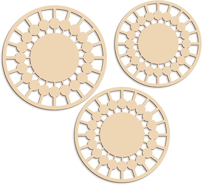3Pcs Boho Wall Decor, Wooden Modern Circle Wall Art, Neuyral Minimalist Aesthetic Wood Decoration for Nursery Kids Room Living Room Kitchen Bedroom Office (Burlywood)