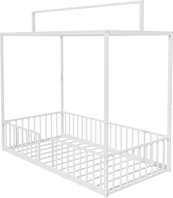 Harper & Bright Designs Twin Floor Bed Frame with Canopy and Guardrails, Metal Montessori Floor Bed with High Fence, Canopy Bed for Kids with Sturdy Metal Slats Support, Easy Assembly,White