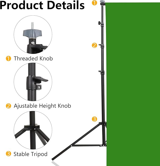 Green Screen Backdrop with Stand, 5x6.5ft Adjustable Photo Backdrop Stand with Flat Base, 4 Clamps and Backdrop for Meeting, Photography, Parties (5x8.5ft)