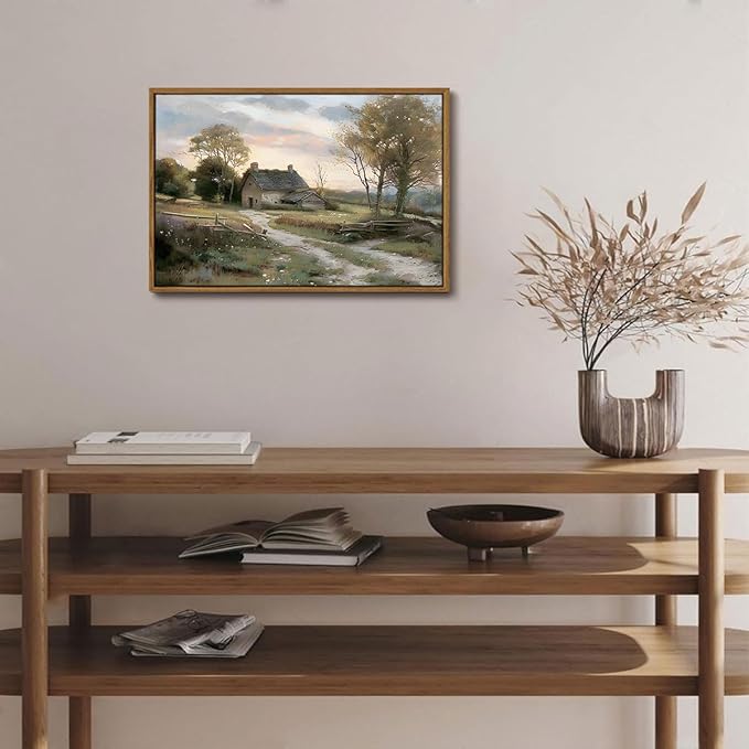 OIQArtOIQ Framed Vintage Landscape Wall Art Cottage Natural Scenery Oil Painting Canvas Prints Country Farmhouse Rustic Fall Decor Aesthetic Pictures for Kitchen Bedroom Living Room Bathroom