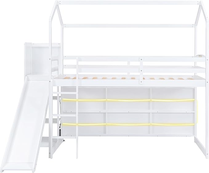 Playful Twin Size Wood House Loft Bed with Slide and Climbing Ramp, Multiple-Function Low Loft Bed Frame with Storage Shelves and Light for Kids Teens Boys Girls Bedroom (White-C)