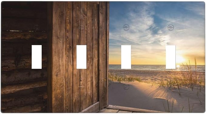 Sun Beach Grass Ocean Landscape Quad Toggle Wall Plate Covers Decorative 4-Gang Wall Plates Farmhouse Western Brown Barn Door Electrical Switchplate for Bathroom Bedroom Kitchen Decor 4.5 X 8 In