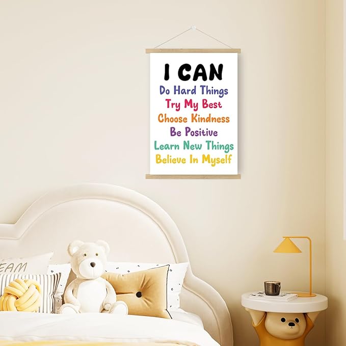 Qswo Positive Affirmations Wall Decor,I Can Do Hard Things Wall Art Poster Hanger Frame,Inspirational Hanging Canvas Wall Decor for Kids Room Nursery Classroom