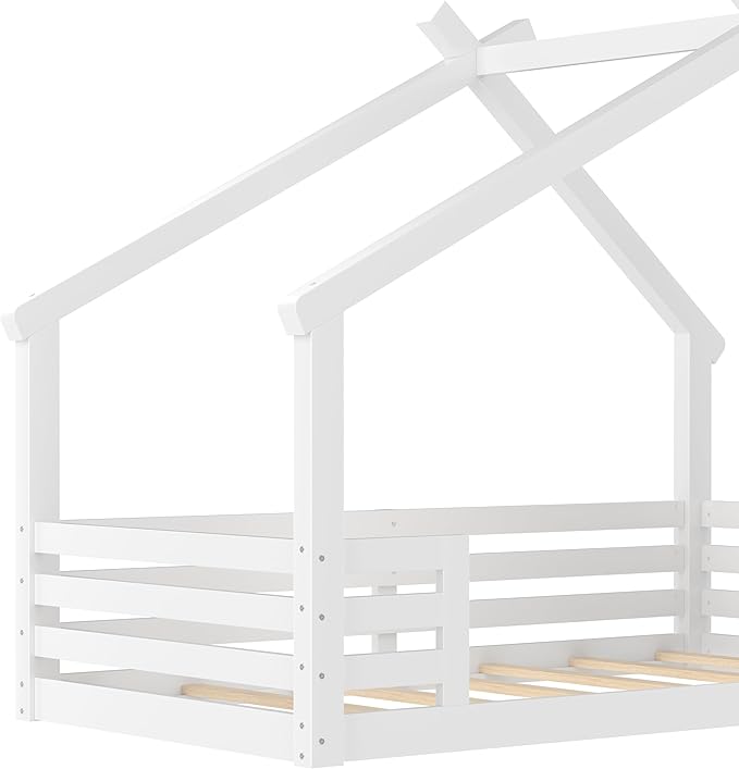 Polibi Twin Size House Floor Bed with Window and a Small Shelf, Solid Wood Low Profile Floor Bed for Kids, No Box Spring Needed, White