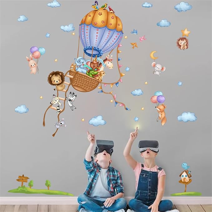 Cute Animals Hot Air Balloons Wall Decals Clouds Stars Stickers Peel and Stick Kids Room décor Girls Bedroom Nursery Classroom Playroom Decorations