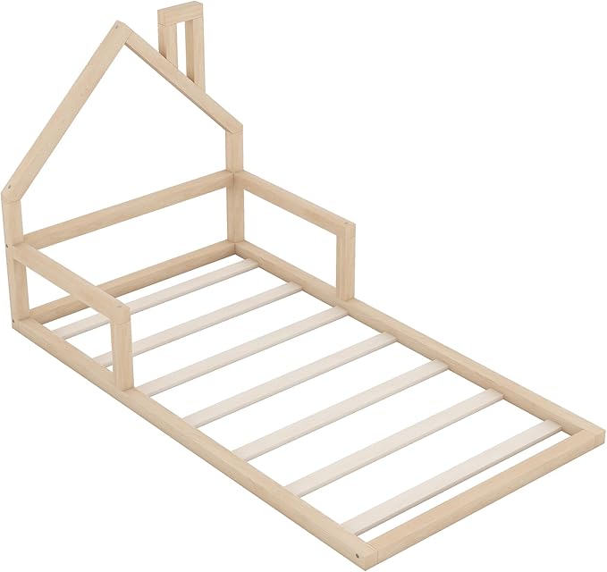 Harper & Bright Designs Twin Size Floor Bed with House Shaped Headboard, Montessori Floor Bed for Kids, Solid Wood Low Bed Frame for Bedroom, Playroom, Wooden Slats Support, Natural