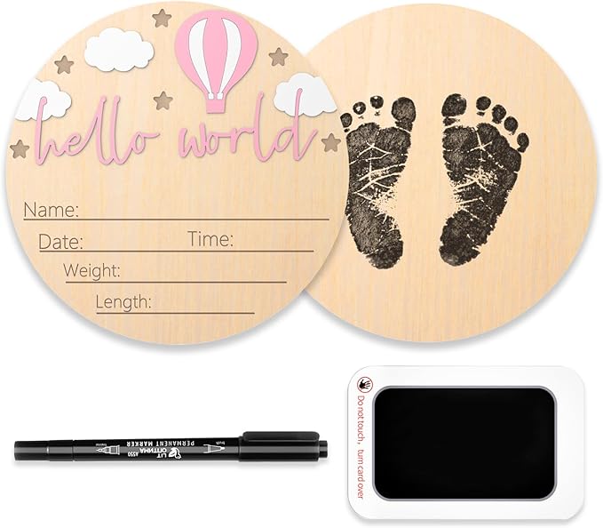 Baby Birth Announcement Sign with Marker Pen, Hot Air Balloon and White Cloud Baby Name Sign with Ink Pad, Hello World Newborn Announcement Nursery Decor Keepsake Gifts (Pink)