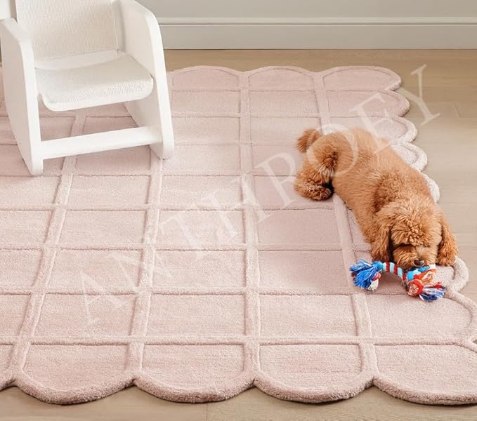 Selena Scallop Area Rug – 5’ x 8' – Handmade Wool Area Rugs – Pink – Rugs for Living Room, Bedroom – Anti-Skid – Carpets with Non-Slip Natural Backing with 100% Cotton