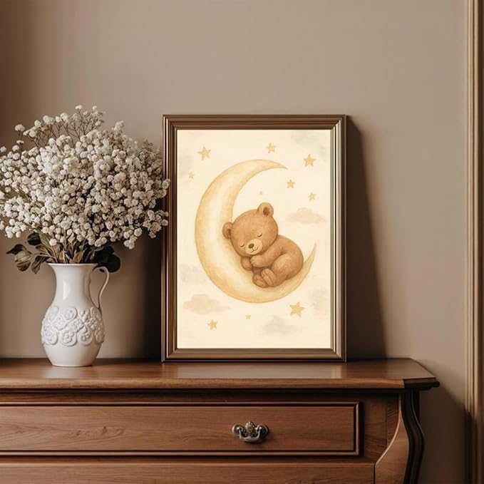 XBQZFLHT 3Pcs Bear Nursery Wall Art Teddy Bear Moon and Stars Canvas Prints Cute Animal Sleeping on the Moon and Cloud Neutral Baby Room Decor Pictures for Boys and Girls 12x16in Unframed