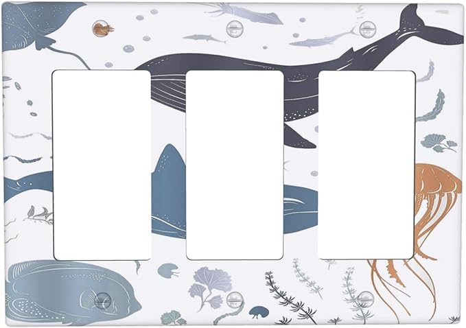 Kids Sea Animal Decorative Triple Rocker Light Switch Covers 3 Gang Outlet Wall Plate Cover Decorative Switchplate Faceplate GFCI for Nursery Kidsroom Bedroom Decor
