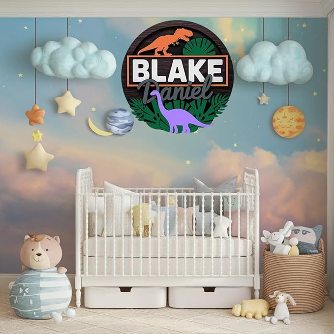 Personalized Baby Name Signs for Nursery, Dinosaur Sign for Baby Door Decor, Newborn Gifts for Boy, Boys Nursery Wall Bedroom Decorations, Mother's Day Gifts for New Mom Dad Gift