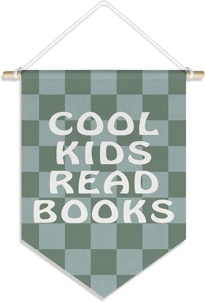 Cool Kids Read Books Wall Hanging Canvas Banner, Retro Green and Grey Checkered Hanging Pennant Flag Posters Prints for Kids Room Classroom Reading Room Corner Decor, 15x11in