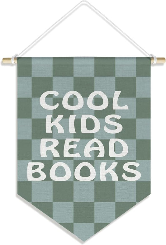 Cool Kids Read Books Wall Hanging Canvas Banner, Retro Green and Grey Checkered Hanging Pennant Flag Posters Prints for Kids Room Classroom Reading Room Corner Decor, 15x11in