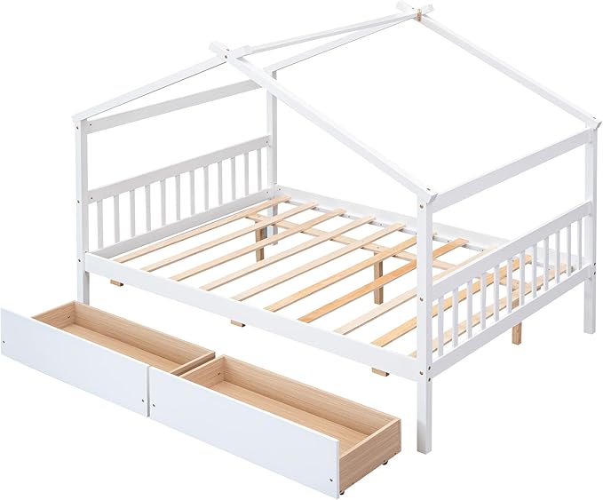 Merax Full Size Wooden House Bed with Two Drawers, Wood Bed Frame with Roof for Kids, Teens, Boys or Girls, White