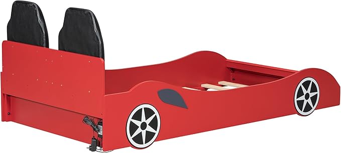 Merax Twin Size Race Car Bed with LED and Upholstered Backrest Headboard, PU Car-Shaped Platform Bedframe with Wheels and Guardrails, Wood Slat Support, No Box Spring Needed
