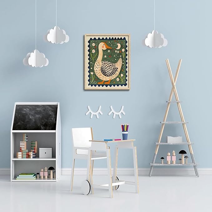 KISSFOX Framed Wall Art Nursery Wall Decor Yellow Duck Pictures Kids Cute Animal Canvas Art Boho Floral Paintings Artwork For Children Boys Girls Room