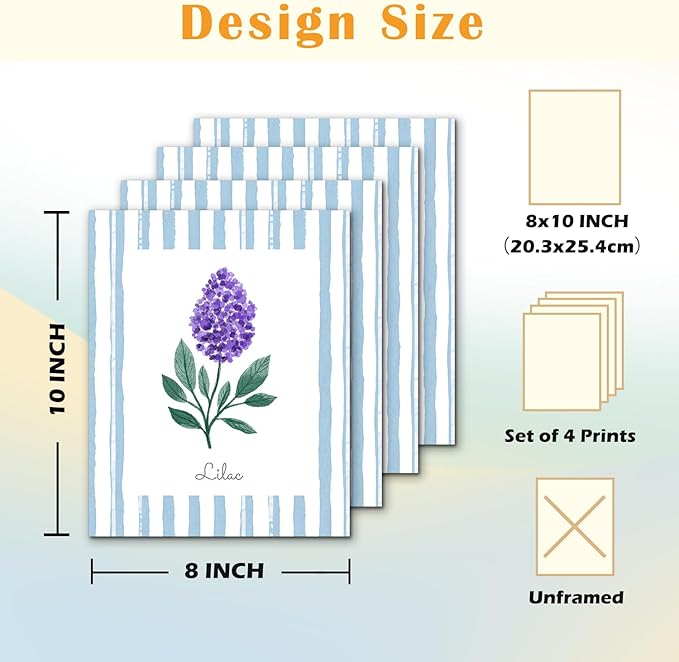 JINYO Vintage Blue and White Striped Floral Wall Art Prints Set of 4, Rustic Lilac Anemone Chamomile Borage Flower Posters Pictures Wall Decor for Home Bedroom Living Room, 8x10 Unframed