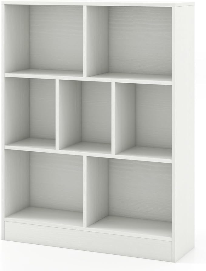 Costzon 7-Cube Bookshelf for Kids, Wooden Toy Storage Organizer w/ 2 Anti-Toppling Kits, 3 Tier Open Shelves & Non-Slip Foot Pads, Montessori Toy Shelf for Kids Rooms, Playroom, Classroom, Nursery
