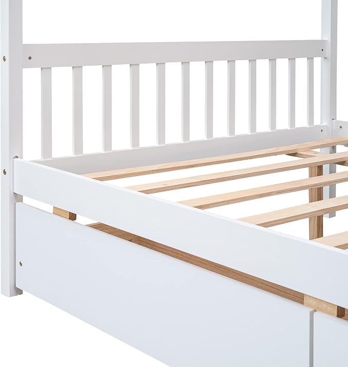 Harper & Bright Designs Full Size House Bed for Kids With Two Drawers, Wooden Frame With Storage, Roof Design for Girls Boys, White
